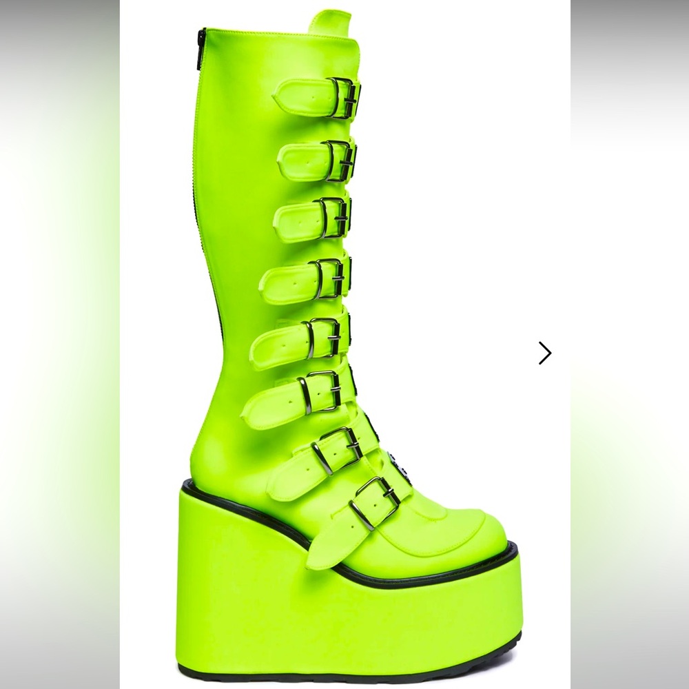 NEW IN BOX Demonia Platform Buckle Neon Green/Yellow Rave Boots Glow In Dark